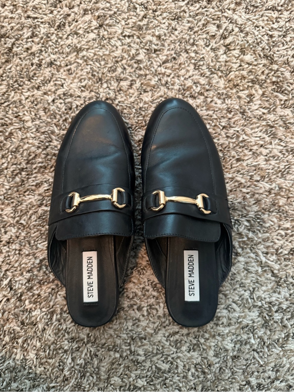 Steve Madden Black Leather Mule Loafers with Gold Hardware